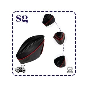 May include: Black hat with a red trim. The hat is shown from multiple angles, with the main image showing the hat from the side. The hat has a classic design and is likely made of a leather-like material. The image also includes the letters "sg".