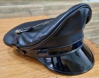 Handmade Leather Bluff Cap – Black Muir Biker Style Peaked Hat for Costume & Pride Wear