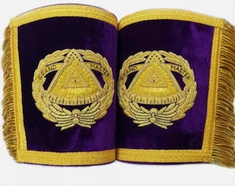 Grand Master Blue Lodge Cuff - Premium Hand-Embroidered Bullion Regalia - Luxury Purple Velvet with Gold Fringe for Grand Officers