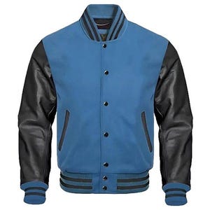 May include: A blue and black varsity jacket with a button-up front, black leather sleeves, and striped cuffs and hem. The jacket has a classic bomber style with a ribbed collar and two front pockets.