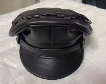 Handmade Black Leather Biker Cap: Gothic Clubwear Peaked Hat