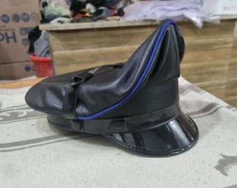 Handmade Black Leather Biker Cap: Vintage Peaked Clubwear Hat