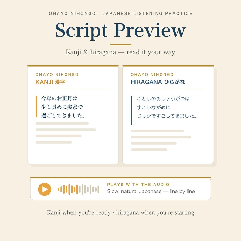 Japanese Listening Practice | 10 Short Diaries, Audio + Numbered Script PDF, Hiragana, Kanji, Optional English PDF | JLPT N5-N3 image 5