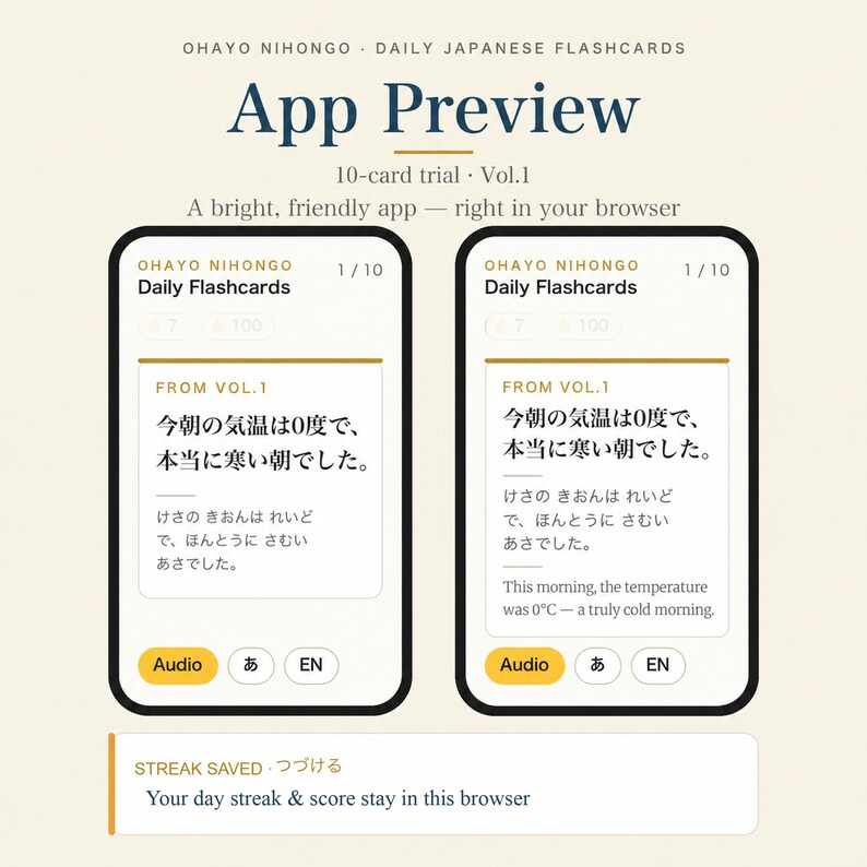 Tarjetas de vocabulario japonés Vol. 1 / Prueba 10 tarjetas del Diario de Tokio con audio, kanji, hiragana e inglés / Aplicación web JLPT N5-N3 imagen 4