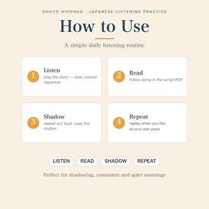 Japanese Listening Practice | 10 Short Diaries, Audio + Numbered Script PDF, Hiragana, Kanji, Optional English PDF | JLPT N5-N3 image 4