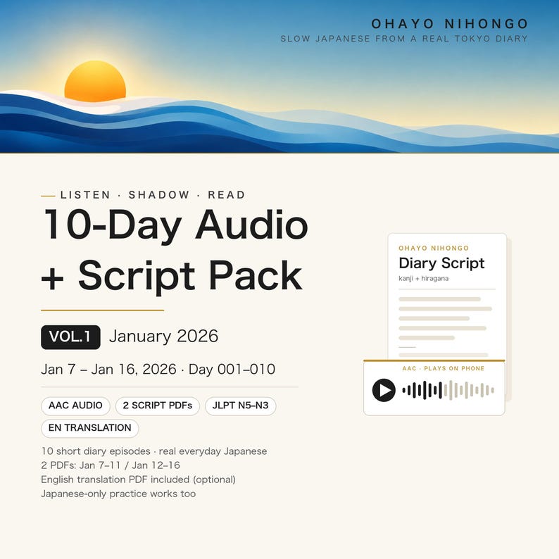 Japanese Listening Practice | 10 Short Diaries, Audio + Numbered Script PDF, Hiragana, Kanji, Optional English PDF | JLPT N5-N3 image 1