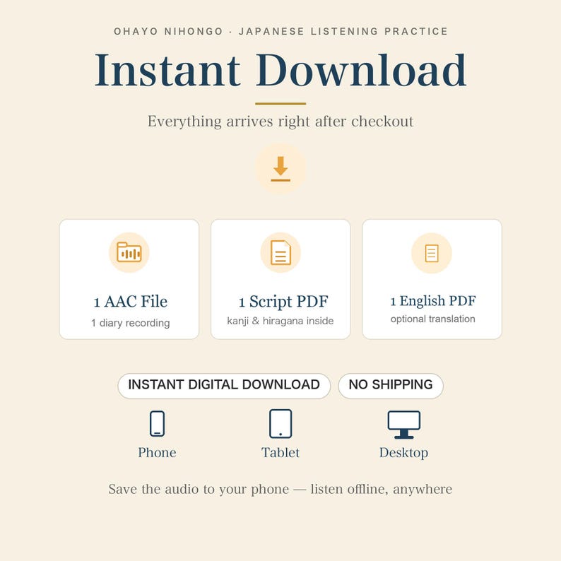 Japanese Listening Sample | 1 Short Diary, Audio + Script PDF, Hiragana, Kanji, Optional English PDF | JLPT N5-N3 image 6