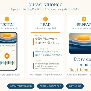 Japanese Listening Practice PDF + Audio | Real Diary, JLPT N5 N4 N3 Shadowing | Hiragana Script | [Vol.2 / 10 Days] image 2
