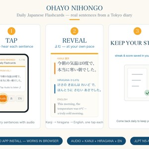 Tarjetas de vocabulario japonés Vol. 1 / Prueba 10 tarjetas del Diario de Tokio con audio, kanji, hiragana e inglés / Aplicación web JLPT N5-N3 imagen 2
