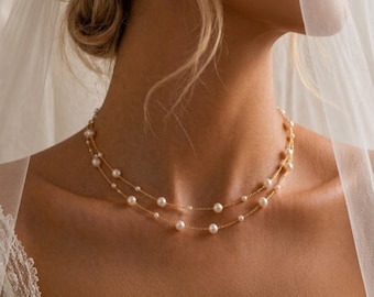 Double Layer Pearl Necklace, 18K Gold Necklace, Wedding Pearl Jewelry,  Minimalist Gold, Bridal Gift
