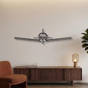 Op de afbeelding: Een zwart metalen vliegtuig wandkunstwerk. Het vliegtuig heeft een propeller, vleugels en een staart. De kunst is gemonteerd op een witte muur boven een houten kast. Een potplant en een lamp staan ook in de kamer.