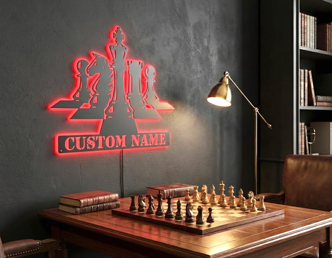 Personalized Chess LED Metal Sign, Custom Name Chess Wall Art, RGB Game ...