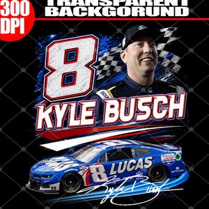 May include: A graphic design featuring a portrait of Kyle Busch, the number 8, and a blue race car. The design includes the words "Kyle Busch" and "LUCAS" on a black background. The image also includes a checkered flag.