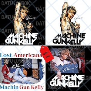 May include: A collage of four images featuring Machine Gun Kelly. The images include a shirtless portrait with tattoos, a graphic with the artist's name, and a photo with the text "Lost Americana" and "Machin Gun Kelly". A red tag reads "4PNG FILE".
