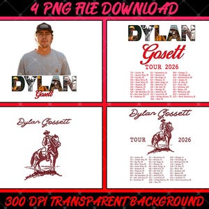 Può includere: Un set di grafiche digitali con quattro design per il Dylan Gossett Tour 2026. Include il ritratto di una persona con un berretto, le date del tour in formato testo e un'illustrazione color marrone di un cowboy a cavallo con il programma del tour.