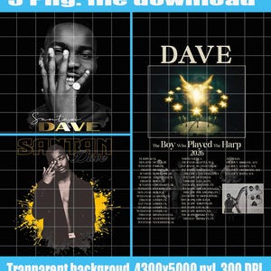 Op de afbeelding: Digitale download met vier grafische ontwerpen. De ontwerpen omvatten portretten van een man, de naam "DAVE" in vette tekst en tourdata. De tekst "The Boy Who Played The Harp 2026" is ook aanwezig. De achtergrond is zwart met een rasterpatroon.