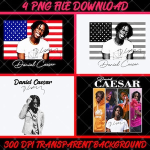May include: A digital collection of four graphic designs featuring Daniel Caesar. The images include portraits of the artist, the American flag, a signature, and the text Daniel Caesar. The designs are presented as a set of four PNG files.