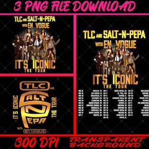 Op de afbeelding: Een digitaal grafisch ontwerp met de tekst TLC AND SALT-N-PEPA WITH EN VOGUE IT'S ICONIC THE TOUR in gouden letters op een zwarte achtergrond. Het ontwerp bevat afbeeldingen van de muziekgroepen en een lijst met tourdata en locaties.
