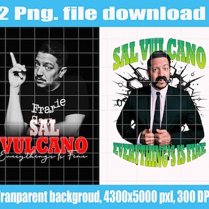 以下が含まれることがあります： サル・バルカノをフィーチャーした2つのデジタルダウンロード。1つは、サルが上を指している白黒画像で、「Frarie Sal Vulcano Everything's Fine」というテキストが入っています。もう1つは、スーツを着たサルのカラー画像で、「Sal Vulcano Everything's Fine」というテキストが入っています。