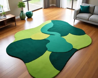 Hand Tufted Wool Area Rug Organic Abstract Green Modern Irregular Living Room Decor