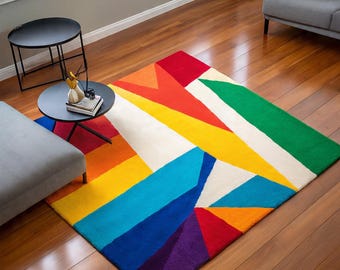 Vibrant Geometric Rug – Bold Multicolor Abstract Design for Modern Living Rooms
