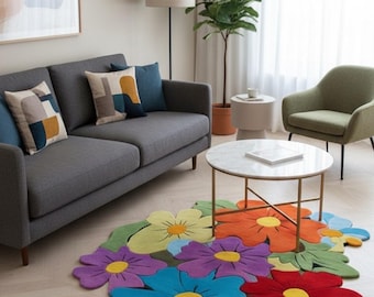 Handgetufteter Blumenteppich Bunter Wollteppich Floral Bereich Dekor Kinderzimmer Boho Geschenk
