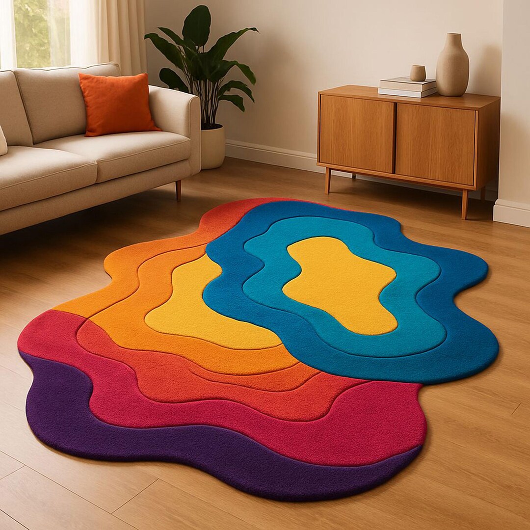Colorful Rugs Above Colorful Abstract Layered Rug | Modern Wavy Area Rug | Handmade Boho ...