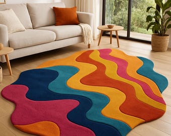 Hand Tufted Wool Rug Colorful Abstract Area Carpet Modern Boho Living Room Decor