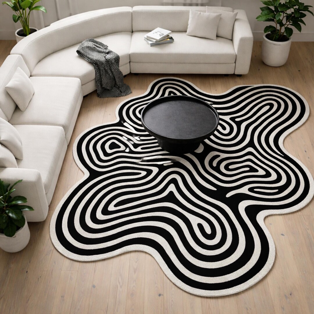 Modern Abstract Black White Area Rug Irregular Shape Minimalist Living ...