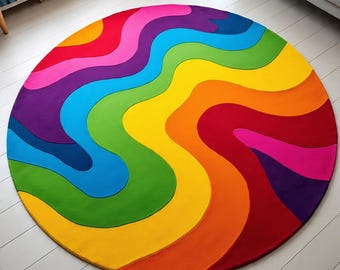Hand-Tufted Wool Rug Colorful Rainbow Round Carpet Modern Boho Nursery Living Room