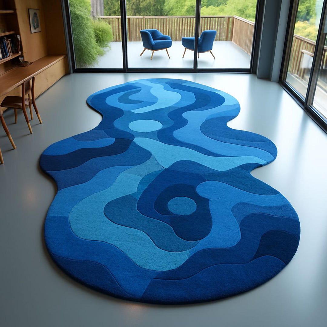 Blue Rug Abstract Pattern Ocean Ripple Abstract Rug – Wavy Blue Modern Art Carpet for Living Room ...