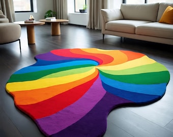 Rainbow Swirl Abstract Rug – Irregular-Shaped Colorful Statement Carpet for Modern Living Room