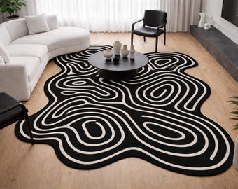 Handmade Tufted Wool Rug Abstract Modern Area Carpet Black White Organic Luxury Decor