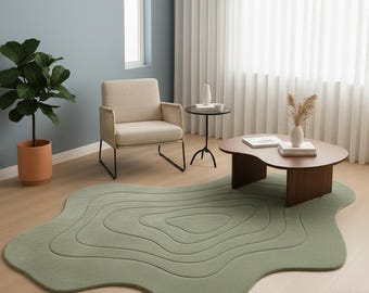 Hand Tufted Wool Area Rug Organic Shape Sage Green Modern Living Room Decor