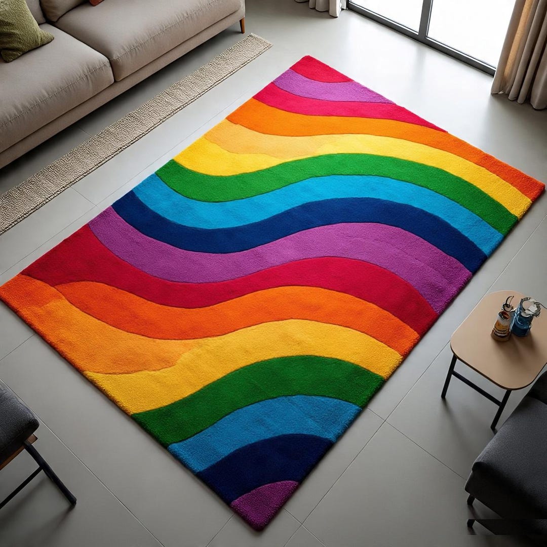 Hand-tufted Rainbow Wool Rug Colorful Wavy Area Carpet Custom Modern ...