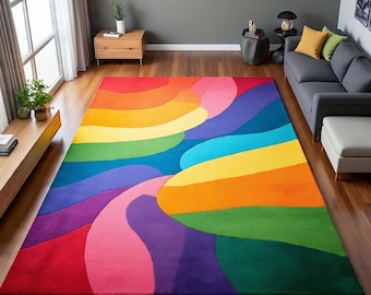 Mid Century Wavy Abstract Rug, Retro Geometric Pattern Carpet