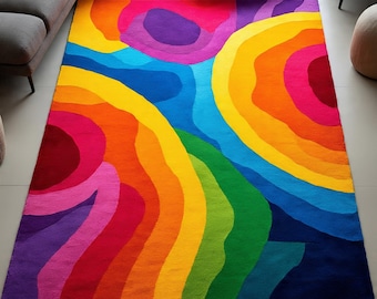 Hand Tufted Rainbow Wool Rug Colorful Abstract Modern Area Carpet Statement Decor