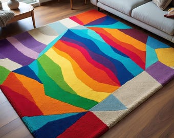 Handmade Tufted Wool Area Rug Colorful Geometric Abstract Carpet Modern Living Room Decor