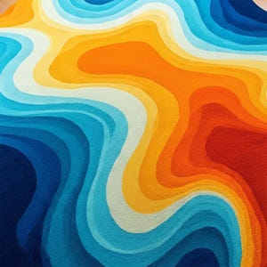 May include: A colorful rug with a layered design. The rug features a flowing pattern of curved lines in shades of blue, white, yellow, orange, and red. The design creates a sense of depth and movement.
