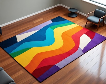 Hand Tufted Wool Area Rug Colorful Abstract Rainbow Modern Living Room Decor