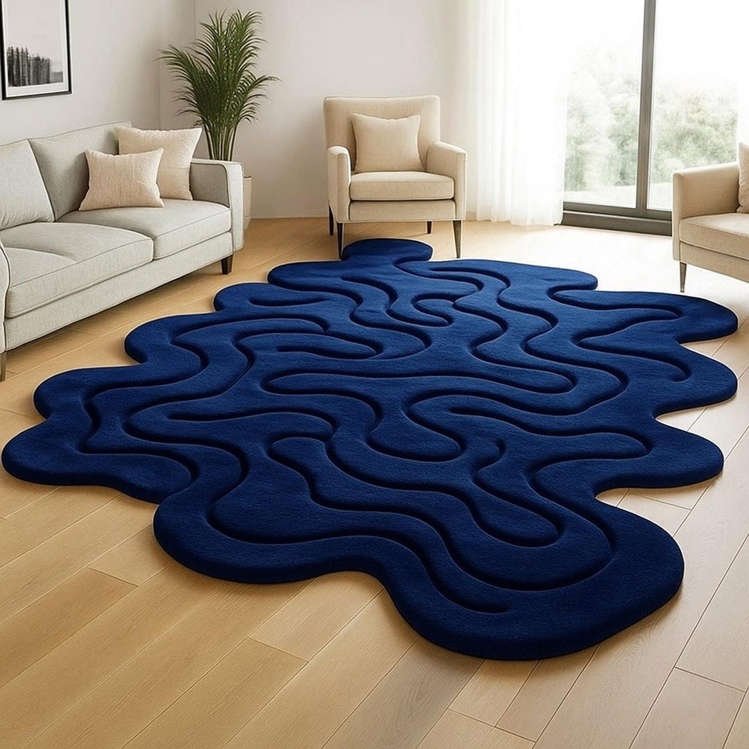 Modern Abstract Dark Blue Wavy Rug, Unique Organic Shape, Textured ...