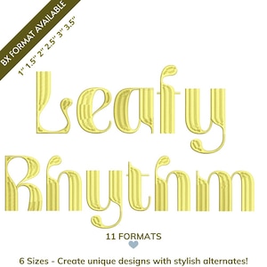 Könnte beinhalten: Goldfarbener Text auf weißem Hintergrund: "Leafy Rhythm" in dekorativer Schrift. Zusätzlicher Text: "BX FORMAT AVAILABLE" mit Größen von 1" bis 3,5", "11 FORMATS" und "6 Sizes - Create unique designs with stylish alternates!"