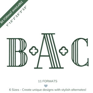 May include: Dark green monogram design featuring the letters B, A, and C, with decorative floral elements. The image includes text indicating multiple sizes and formats available for embroidery or digital use.