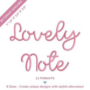 Può includere: Testo rosa in corsivo "Lovely Note" su sfondo bianco. L'immagine include il testo "BX FORMAT AVAILABLE" con opzioni di dimensioni, "11 FORMATS" e "6 Sizes - Create unique designs with stylish alternates!"