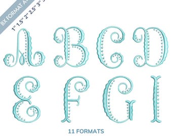Fonte de bordado monograma com borda ondulada, alfabeto com miçangas e pontos de pérola, design de bordado vintage elegante, + BX, 6 tamanhos