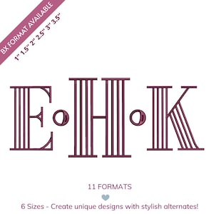 Monograma gravado em três linhas, alfabeto com listras paralelas, letras serifadas texturizadas de luxo, design de bordado sofisticado para boutiques + formato BX