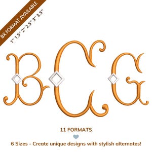 Puede incluir: Letras de monograma doradas B, C y G con detalles de diamantes blancos. La imagen incluye el texto "BX FORMAT AVAILABLE" con tamaños de 2,5 cm a 8,9 cm. El texto adicional dice "11 FORMATOS" y "6 Sizes - Create unique designs with stylish alternates!"