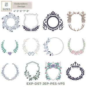 May include: A collection of embroidery designs featuring wreaths, shields, and circular frames in various colours. Sizes range from 10.16cm to 20.32cm. The image includes the text "Embroidery Design" and "SIZES".