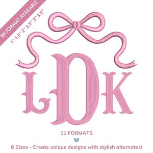 May include: A pink monogram design with the letters LDK, topped with a bow. Text indicates available formats and sizes for creating unique designs. The image is set against a white background. Measurements are in inches.