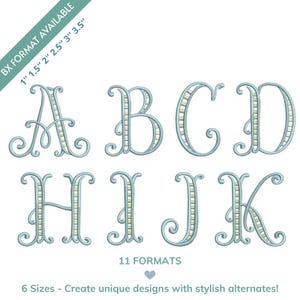 Puede incluir: Letras bordadas A, B, C, D, H, I, J y K en color azul claro con un diseño decorativo. La imagen incluye el texto "BX FORMAT AVAILABLE" y "1" 1.5" 2" 2.5" 3" 3.5" y "11 FORMATS".